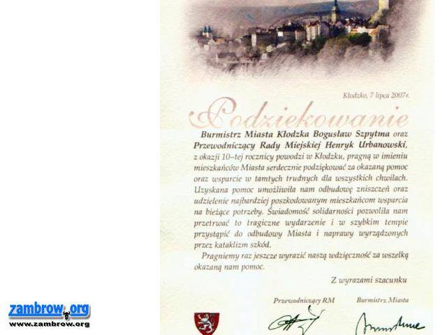 W 10-tą rocznicę powodzi na południu Polski - burmistrz Kłodzka dziękuje mieszkańcom Zambrowa