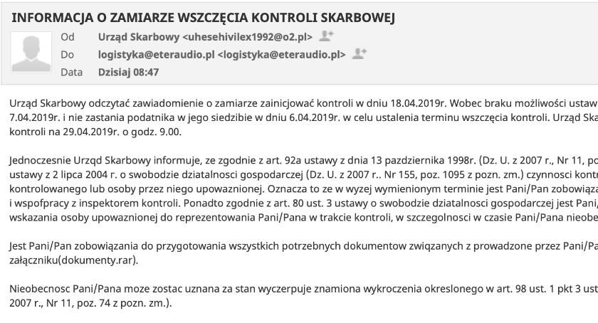 Uwaga na fałszywe e-maile o kontroli skarbowej!