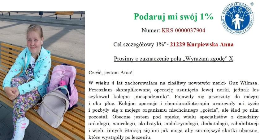 Przekaż 1% podatku na rzecz 13-letniej Ani