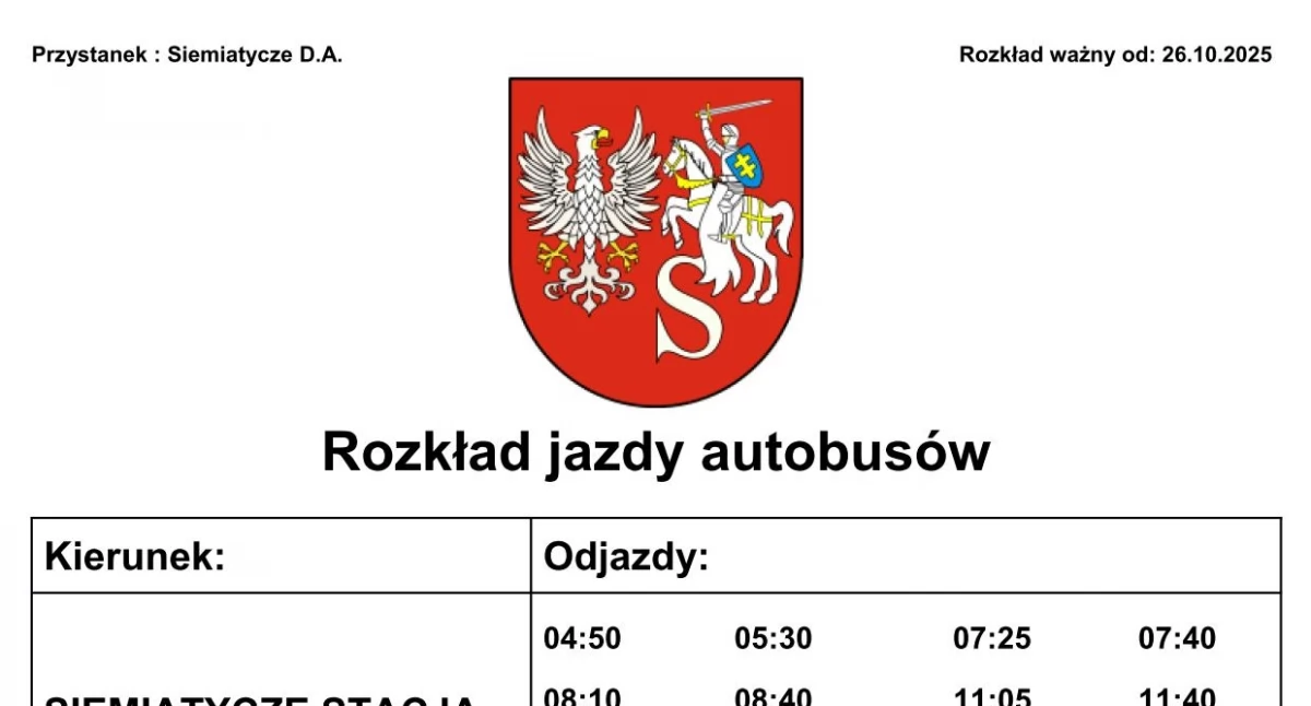 Zmiana rozkładu jazdy do dworca PKP Siemiatycze