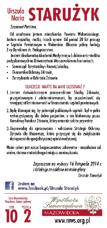Urszula Maria Starużyk kandydatką na radną Sejmiku Woj.  Mazowieckiego