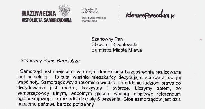 Radny MWS w Mławie Michał Nowakowski apeluje w sprawie referendum