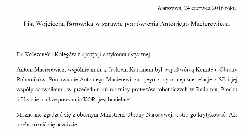 List Wojciecha Borowika w sprawie pomówienia Antoniego Macierewicza