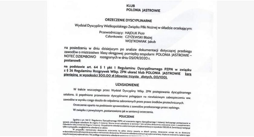 Polonia Jastrowie ukarana