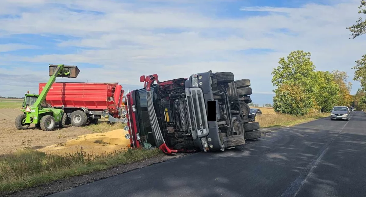 Ciężarówka przewróciła się na drodze