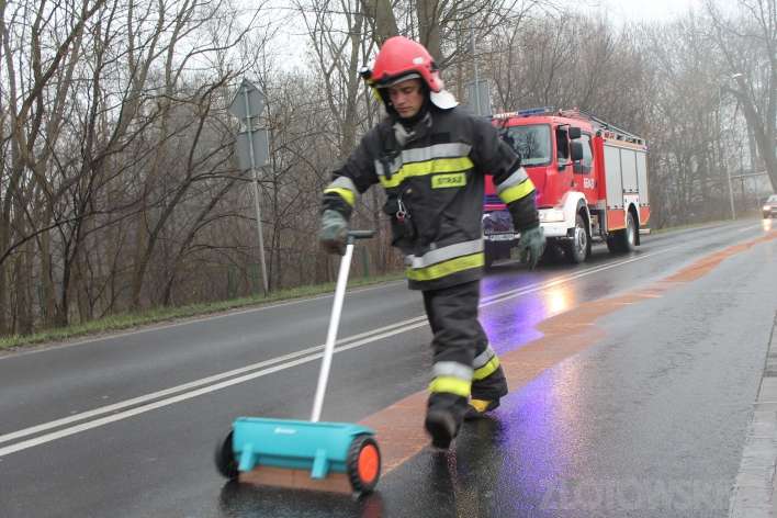 Wyciek na drodze. Strażacy w akcji