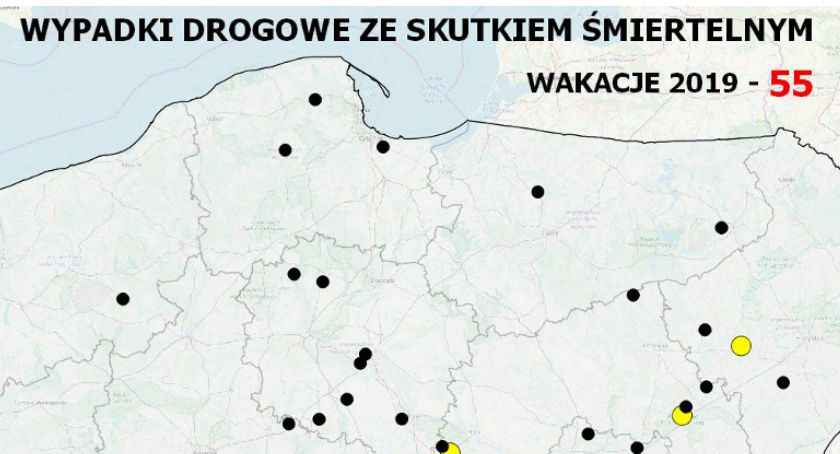 Mapa wypadków drogowych ze skutkiem śmiertelnym - wakacje 2019
