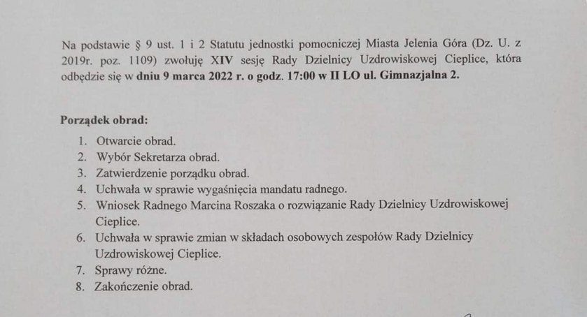 Sesja Rady Dzielnicy Uzdrowiskowej Cieplice tylko dla radnych