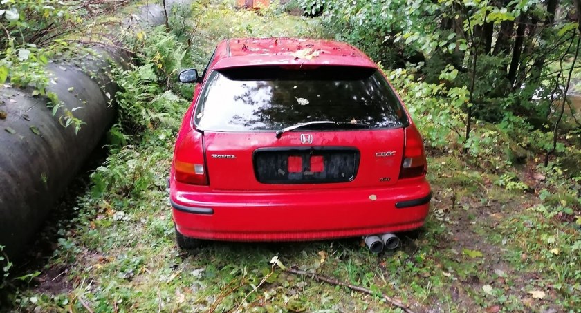 Czerwona Honda porzucona w lesie