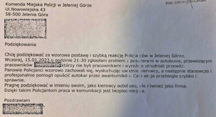 Podziękowanie dla jeleniogórskich policjantów za skuteczną interwencję