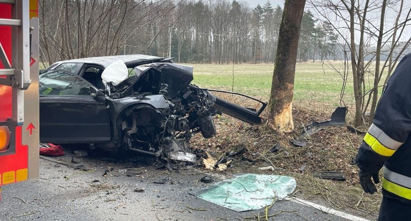 Kierowca Audi z ogromną prędkością uderzył drzewo. Z poważnymi obrażeniami trafił do szpitala