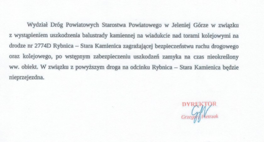 Droga między Starą Kamienicą i Rybnicą zamknięta