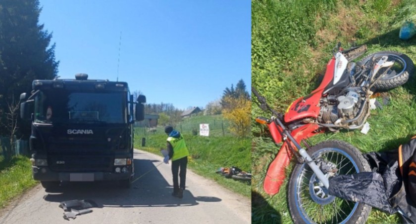 Czołowe zderzenie motocyklisty z ciężarówką. Jechał bez uprawnień i pod wpływem