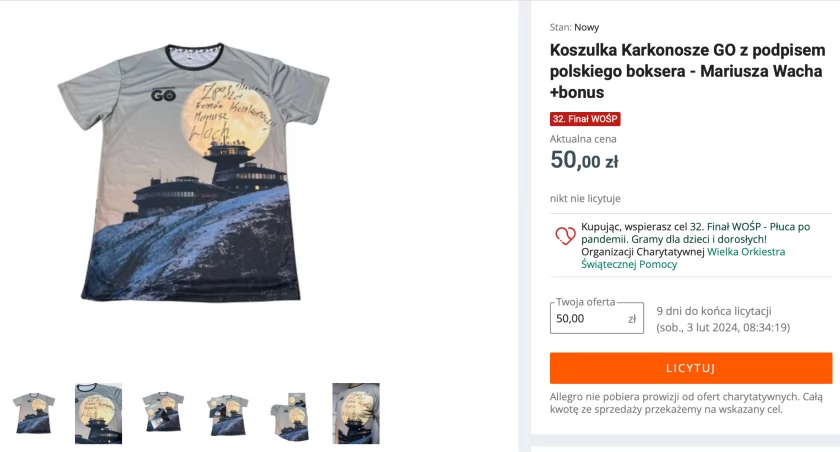 Koszulka Karkonosze GO z autografem Mariusza Wacha na licytacji WOŚP