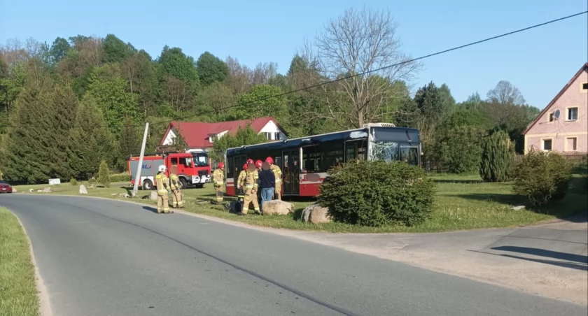 Wojanów - autobus uderzył w słup i wylądował na poboczu