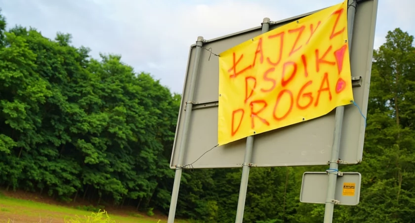 Łajzy z DSDiK - baner z wymownym komentarzem przy drodze wojewódzkiej