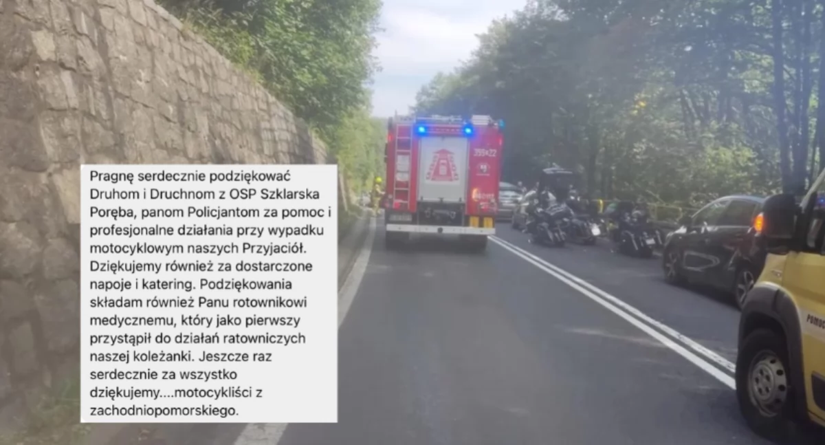 Podziękowania motocyklistów za udzielenie pomocy po zdarzeniu drogowym