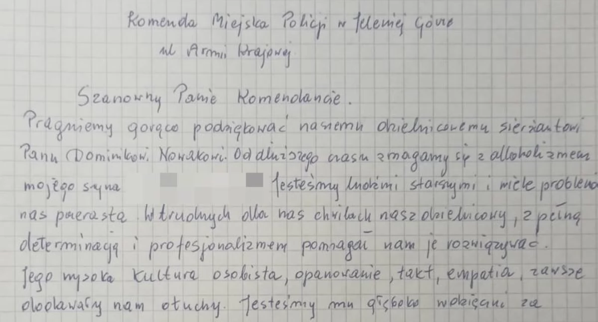 Podziękowania dla policjanta od wdzięcznych mieszkańców