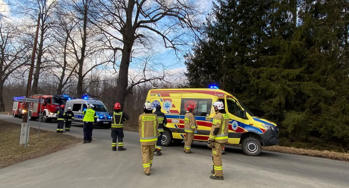 Dramatyczne zdarzenie w Karpnikach. Samochód uderzył w drzewo. Kierowca walczy o życie.