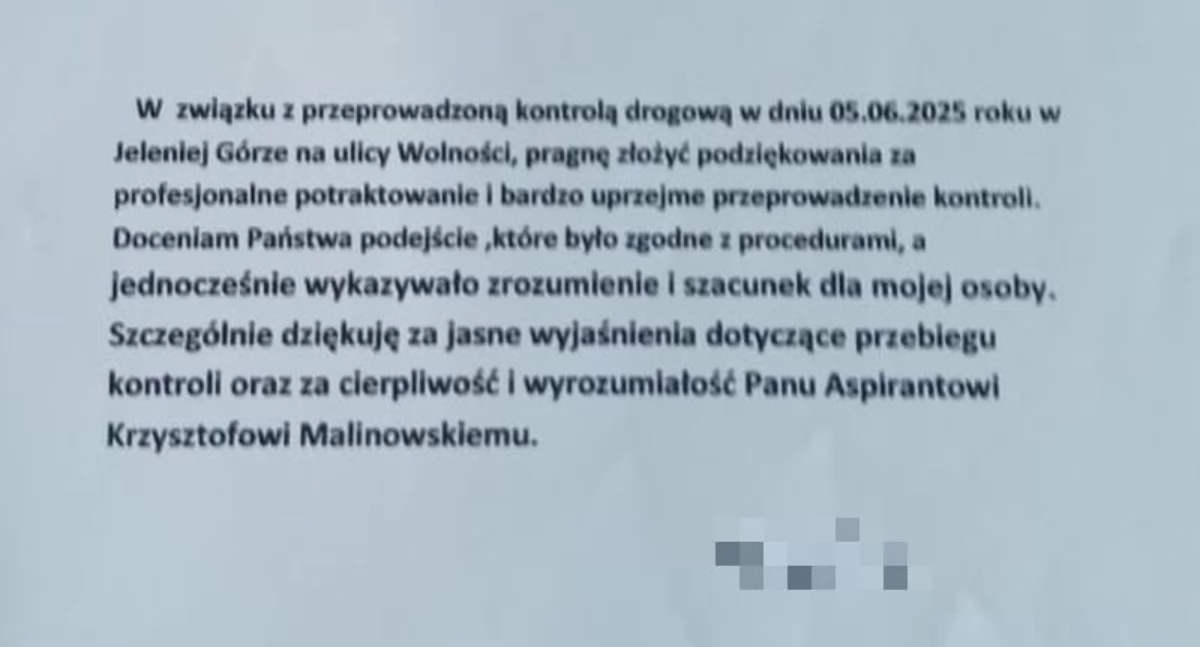 Kolejne podziękowania dla jeleniogórskiego policjanta