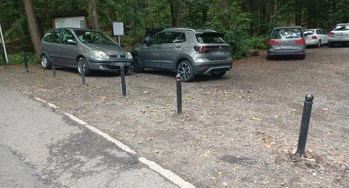 Dzikie parkowanie pod Sky Walk w Świeradowie – wyrwany słupek, auta w lesie