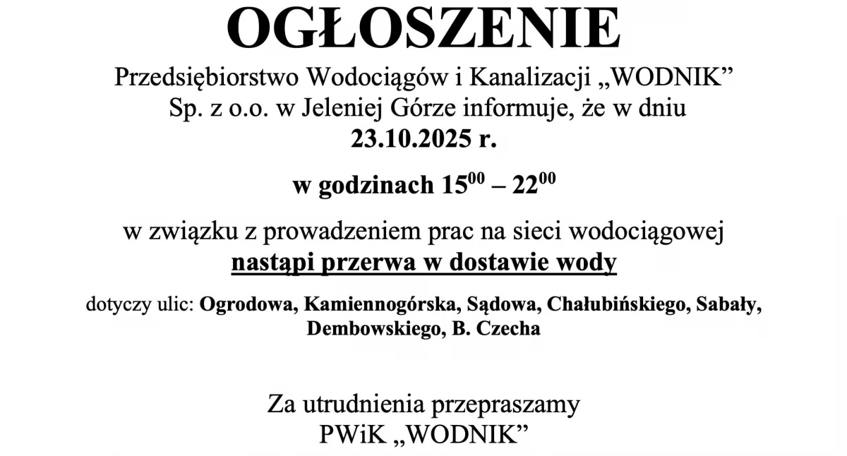 Prace na sieci wodociągowej. Konieczna będzie przerwa w dostawie wody
