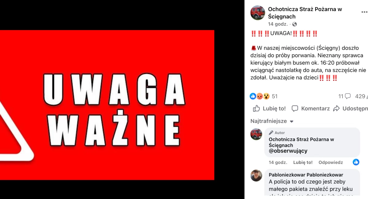 Próba porwania nastolatki w Ścięgnach! Mieszkańcy, pilnujcie dzieci