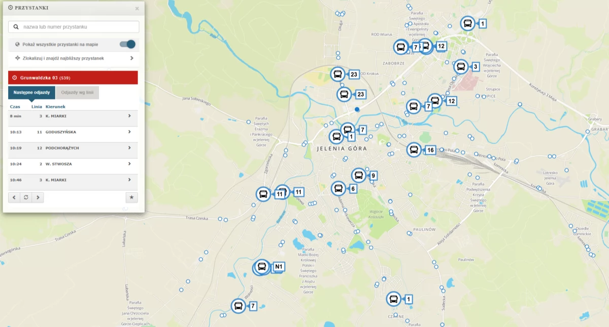 Aktualna pozycja autobusów MZK i wirtualne tablice przystankowe dostępne dla pasażerów