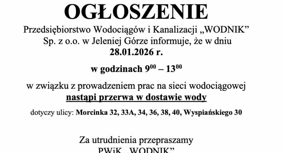 Planowana przerwa w dostawie wody