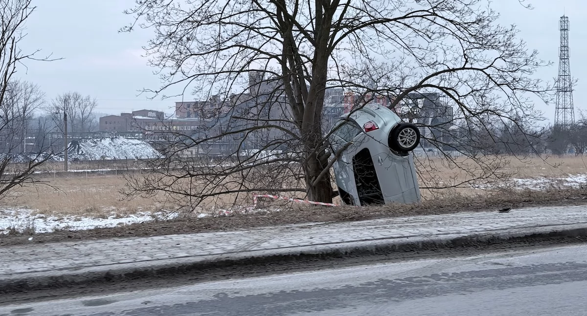 Volkswagen wbił się w ziemię i zawisł na drzewie. Nietypowe zdarzenie na Spółdzielczej