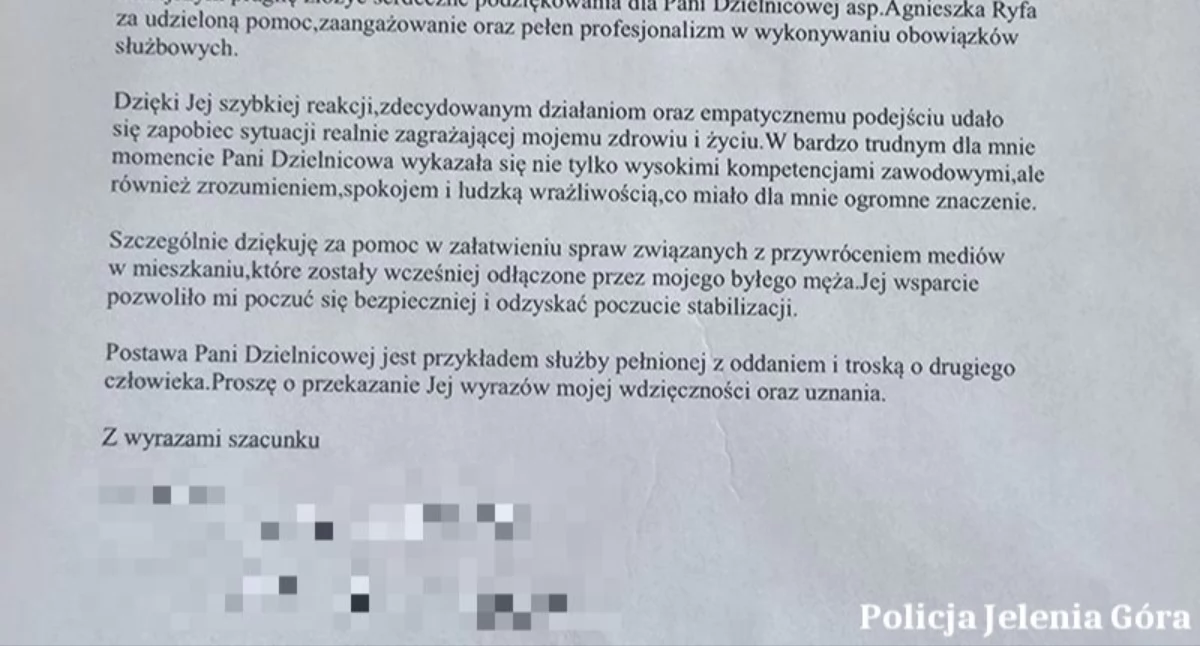 Profesjonalizm i empatia w trudnej sytuacji - jeleniogórzanka podziękowała dzielnicowej
