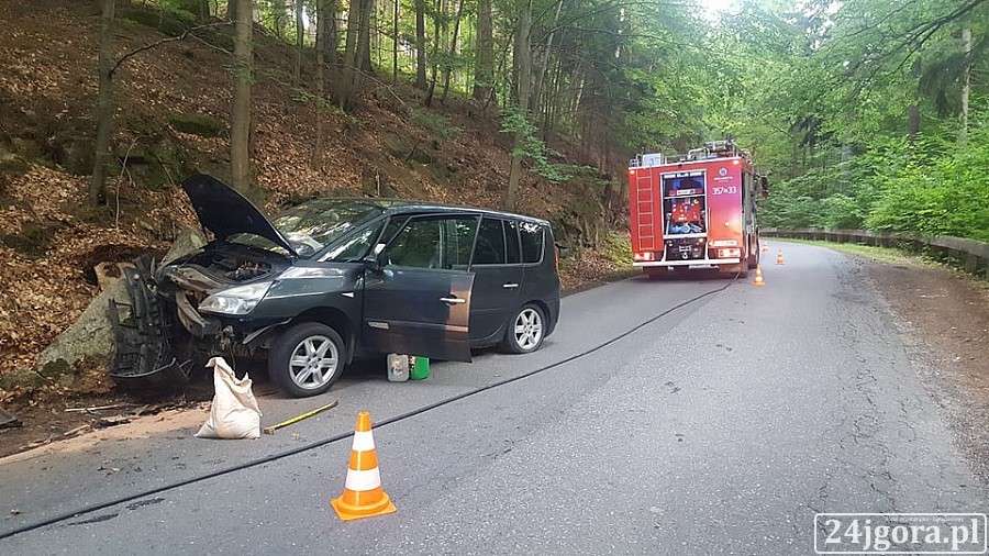 Podgórzyn : Renault uderzył w przydrożną skałę