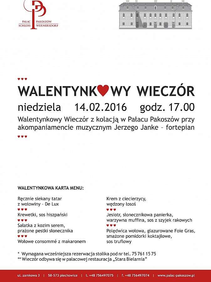 Zapraszamy na Wieczór Walentynkowy do Pałacu Pakoszów