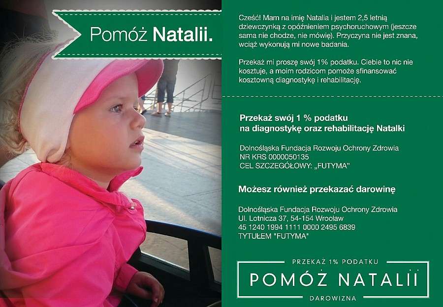 Przekazując 1% podatku możesz pomóc 2,5-letniej Natalii
