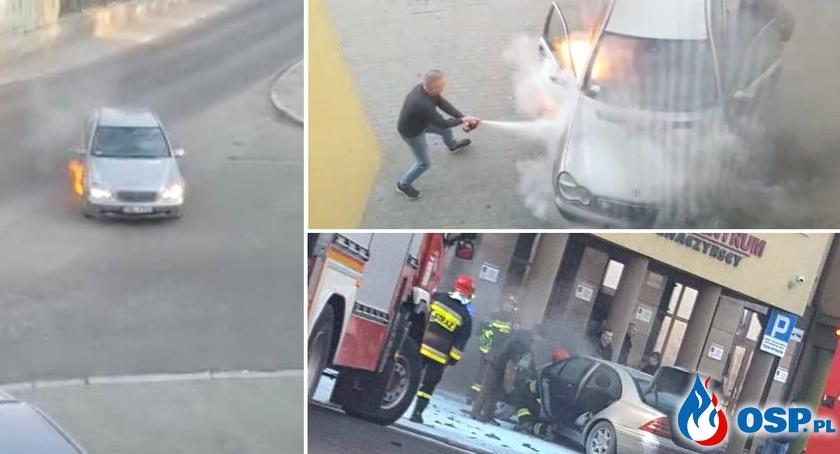 Samochód zapalił się podczas jazdy i wjechał na parking