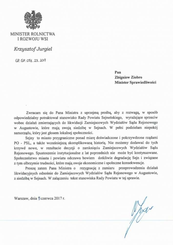 Minister Jurgiel w obronie sądu w Sejnach