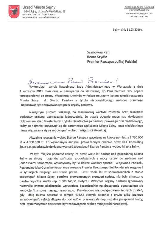 Pismo do Beaty Szydło