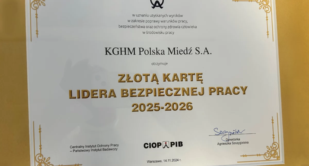KGHM wyróżniony Złotą Kartą Lidera Bezpiecznej Pracy