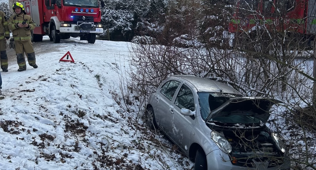 Ślisko! Samochód wypadł z drogi w Sędziszowej