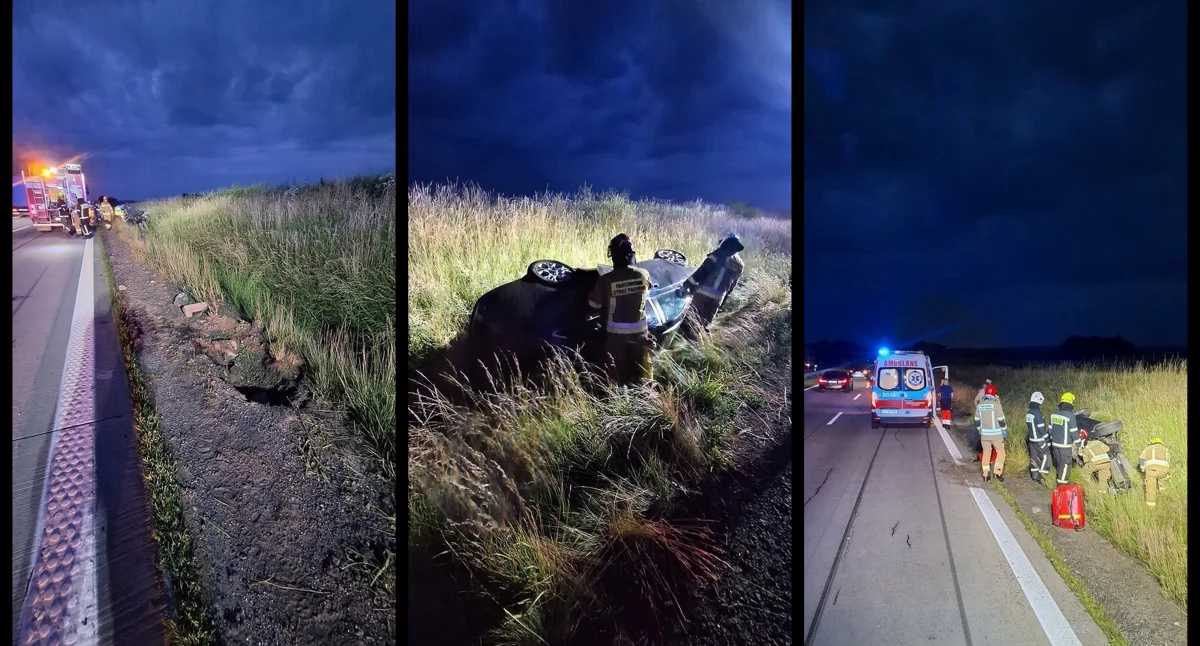 Nocne dachowanie na autostradzie A4
