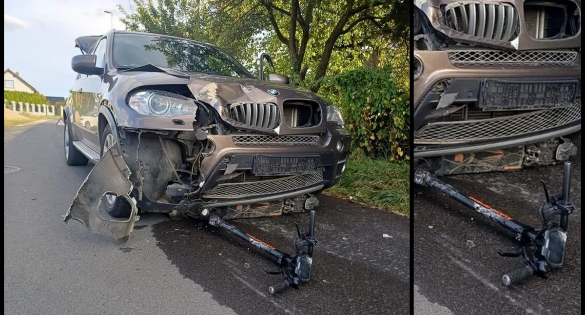 Czołowe zderzenie samochodu z e-hulajnogą. Nagranie z wypadku