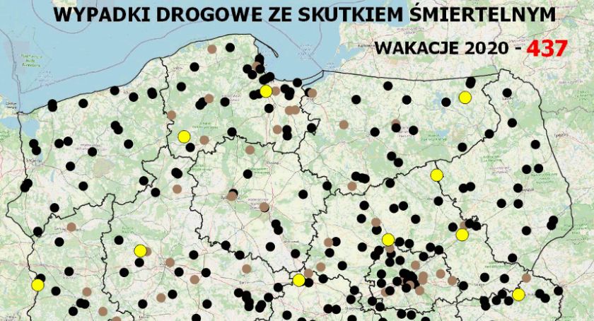 Więcej osób zginęło na drogach niż umarło na COVID-19 (policyjna mapa wypadków drogowych ze skutkiem śmiertelnym – wakacje 2020)