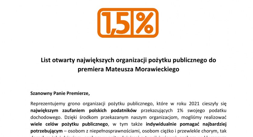 List otwarty największych organizacji pożytku publicznego do Premiera Mateusza Morawieckiego
