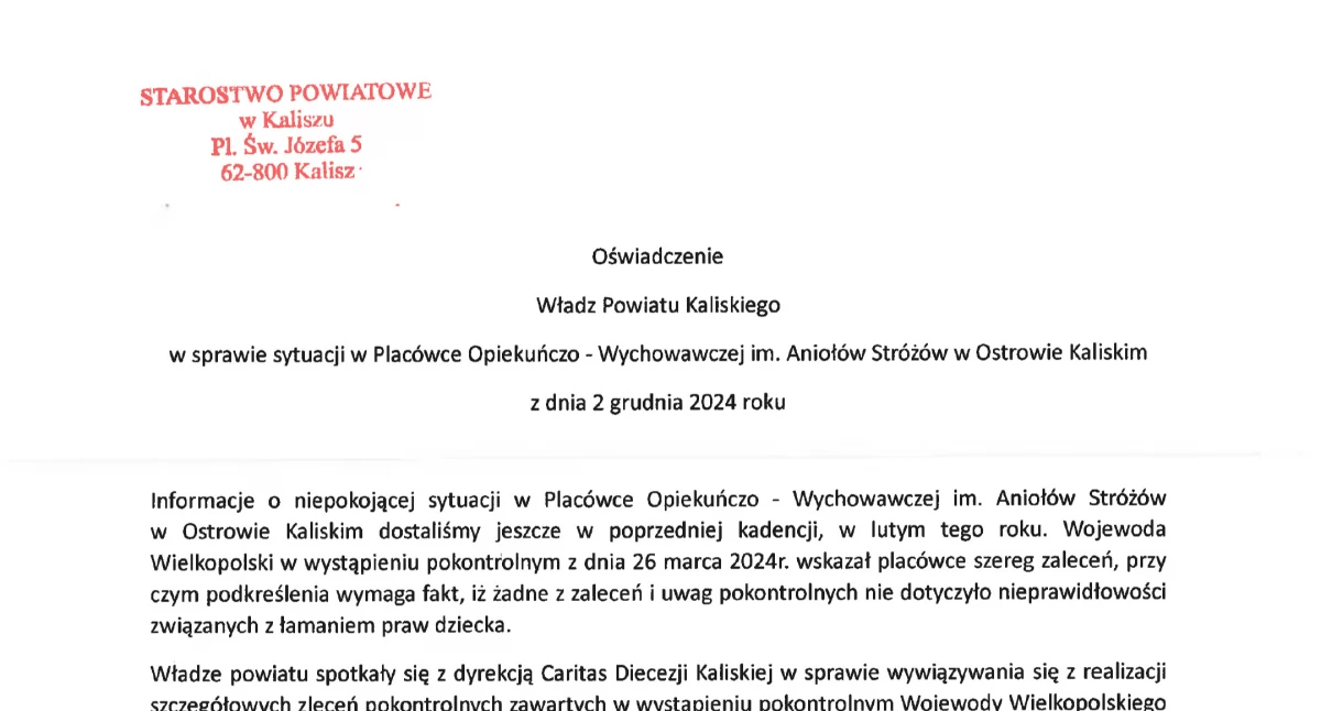Oświadczenie Starostwa