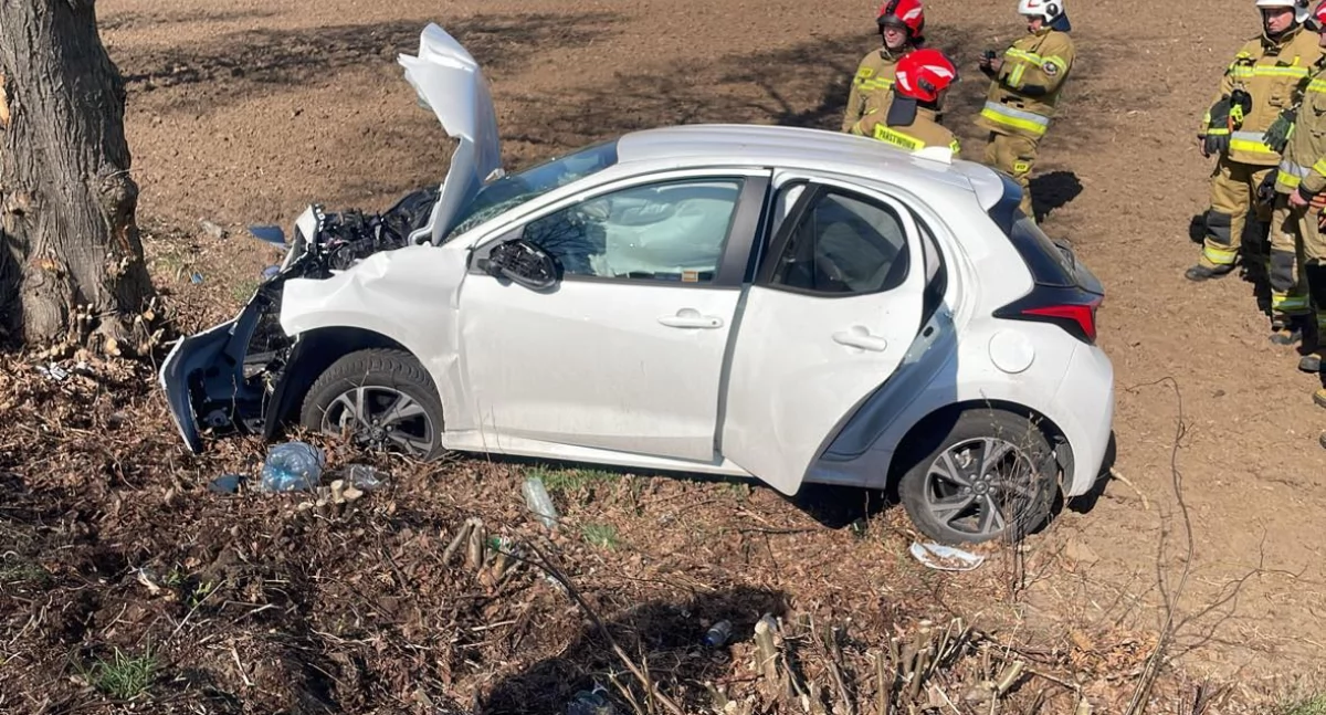 Zderzenie podczas wyprzedzania. Toyota roztrzaskała się na drzewie!