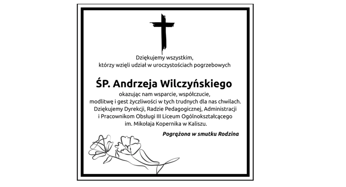 Podziękowanie za udział w uroczystościach pogrzebowych Andrzeja Wilczyńskiego