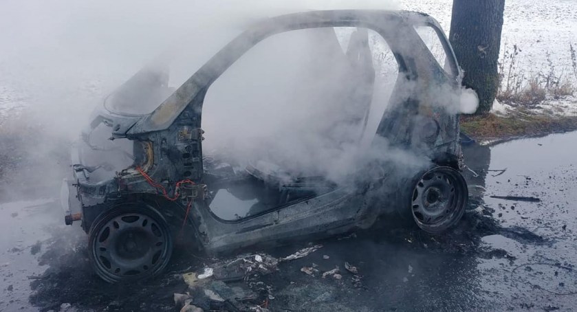 Pożar samochodu marki Smart pod Świeciem. Z auta nic nie zostało