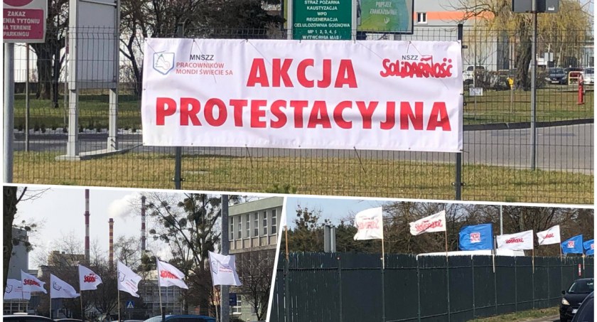 Akcja protestacyjna w Mondi. Związki wywiesiły flagi