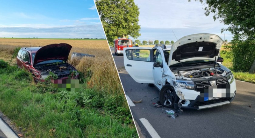 Zderzenie osobówek. Jedno auto wylądowało w polu, drugie zablokowało drogę [ZDJĘCIA]