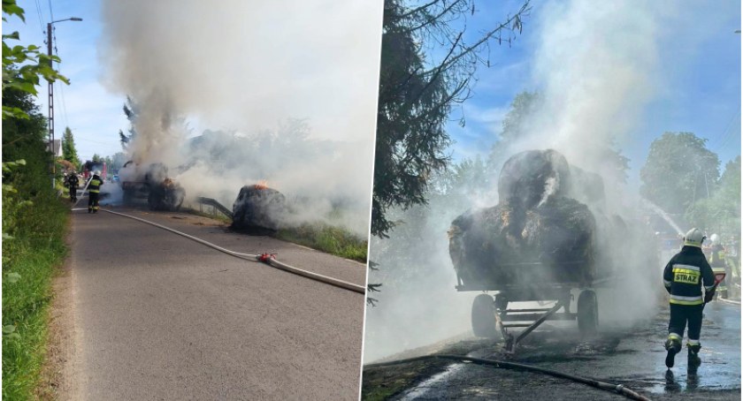 Paliły się baloty słomy na przyczepie rolniczej. Ogień przeniósł się też na przydrożne drzewa [ZDJĘCIA] 